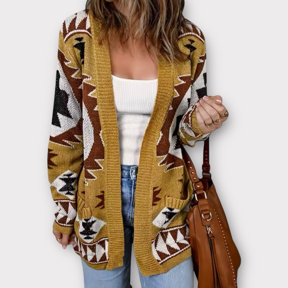 Aztec Southwest Geometric Long Knitted Cardigan Sweater Coat XL Boutique Mustard - Picture 2 of 8